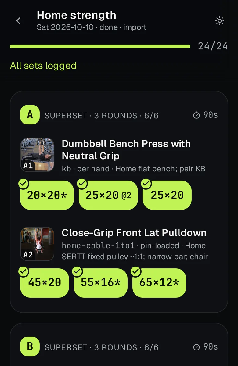 Supersetly workout screen: supersets with logged rounds and weights