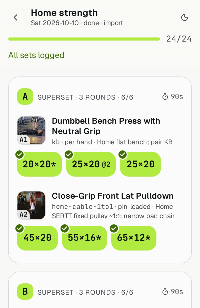 Supersetly workout screen: supersets with logged rounds and weights